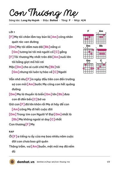 Hợp âm Con Thương Mẹ (Tân Chề) – bản nhạc PDF trang 1, tông F