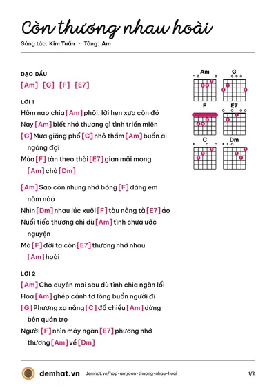 Hợp âm Còn thương nhau hoài (Phương Dung (trước 75)) – bản nhạc PDF trang 1, tông Am