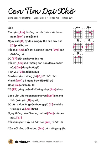 Hợp âm Con Tim Dại Khờ (Lệ Quyên) – bản nhạc PDF trang 1, tông Am