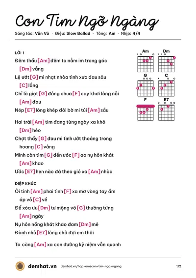 Hợp âm Con Tim Ngỡ Ngàng (Văn Vũ) – bản nhạc PDF trang 1, tông Am