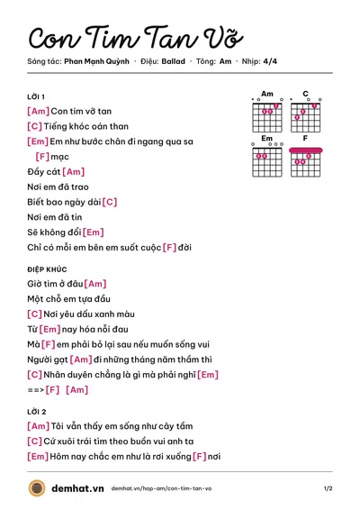 Hợp âm Con Tim Tan Vỡ (Phan Mạnh Quỳnh) – bản nhạc PDF trang 1, tông Am
