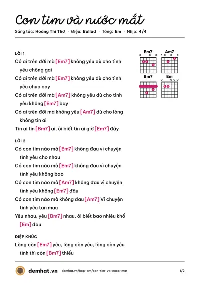 Hợp âm Con tim và nước mắt (Mai Lệ Huyền (trước 75)) – bản nhạc PDF trang 1, tông Em