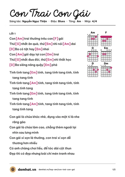 Hợp âm Con Trai Con Gái (TyMyTy) – bản nhạc PDF trang 1, tông Am