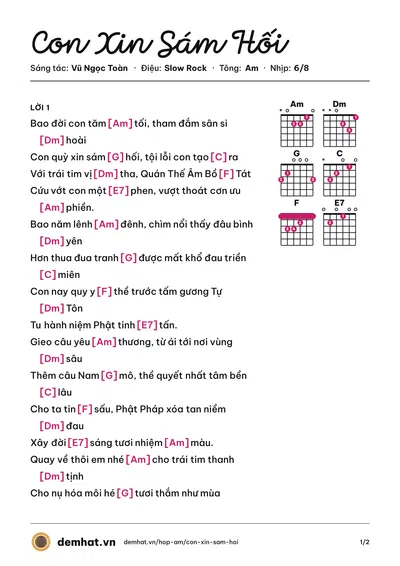 Hợp âm Con Xin Sám Hối (Hồ Quang Hiếu) – bản nhạc PDF trang 1, tông Am