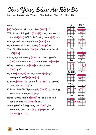 Hợp âm Còn Yêu, Đâu Ai Rời Đi (Đức Phúc) – bản nhạc PDF trang 1, tông G