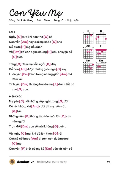 Hợp âm Con Yêu Mẹ (Bảo Thy) – bản nhạc PDF trang 1, tông C