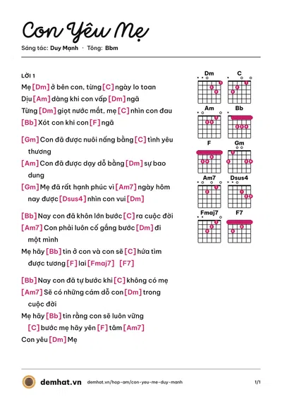 Hợp âm Con Yêu Mẹ (Duy Mạnh) – bản nhạc PDF trang 1, tông Bbm