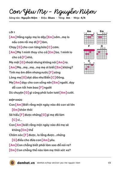 Hợp âm Con Yêu Mẹ - Nguyễn Niệm (Nguyễn Niệm) – bản nhạc PDF trang 1, tông Am