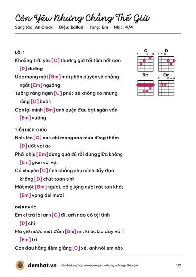Hợp âm Còn Yêu Nhưng Chẳng Thể Giữ (Viết Long) – bản nhạc PDF trang 1, tông Em