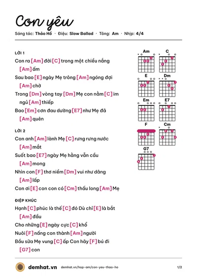 Hợp âm Con yêu (Thanh Lan) – bản nhạc PDF trang 1, tông Am