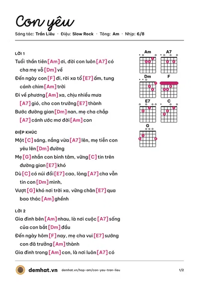 Hợp âm Con yêu (Nguyễn Dũng) – bản nhạc PDF trang 1, tông Am