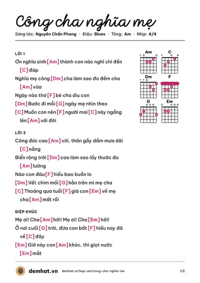 Hợp âm Công cha nghĩa mẹ (Nhật Kim Anh) – bản nhạc PDF trang 1, tông Am