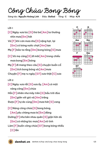 Hợp âm Công Chúa Bong Bóng (Nhóm 2B) – bản nhạc PDF trang 1, tông C