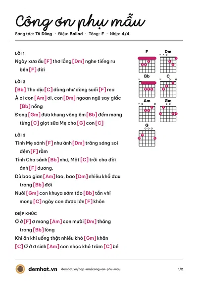 Hợp âm Công ơn phụ mẫu (Tô Dũng) – bản nhạc PDF trang 1, tông F