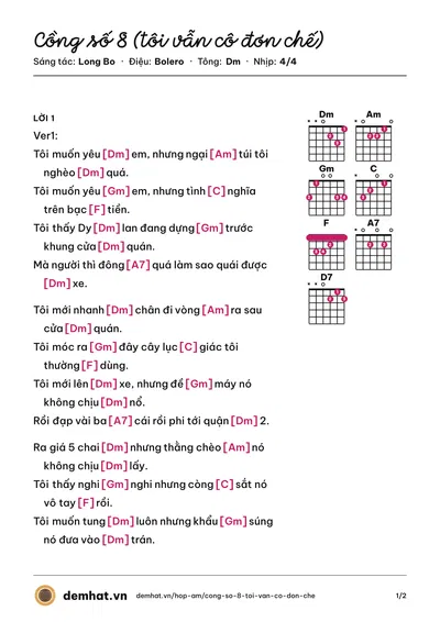 Hợp âm Cồng số 8 (tôi vẫn cô đơn chế) (Long Bo) – bản nhạc PDF trang 1, tông Dm
