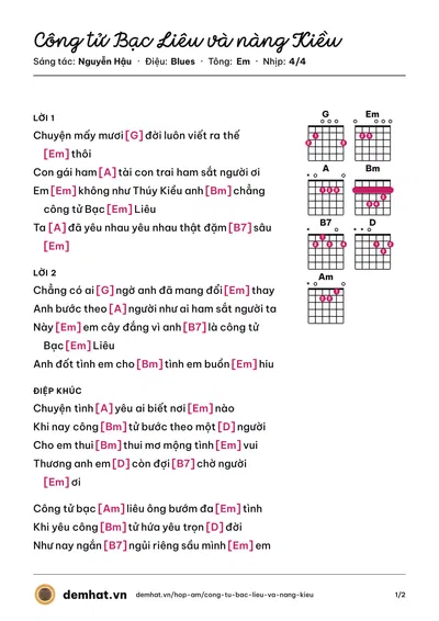 Hợp âm Công tử Bạc Liêu và nàng Kiều (Nguyễn Hậu) – bản nhạc PDF trang 1, tông Em