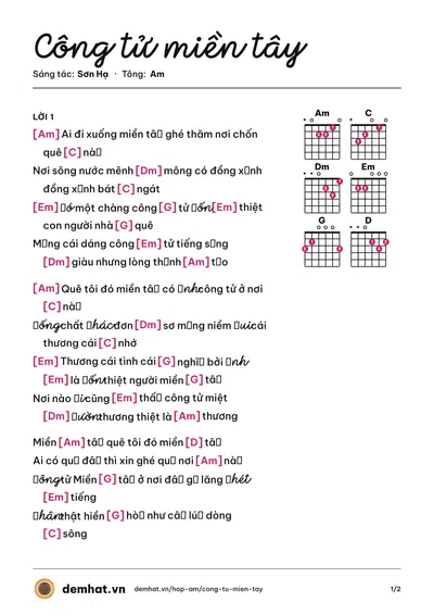 Hợp âm Công tử miền tây (Sơn Hạ) – bản nhạc PDF trang 1, tông Am