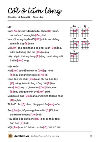 Hợp âm Cốt ở tấm lòng (Tạ Đình Cương) – bản nhạc PDF trang 1, tông Am