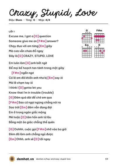 Hợp âm Crazy, Stupid, Love (UPRIZE) – bản nhạc PDF trang 1, tông G