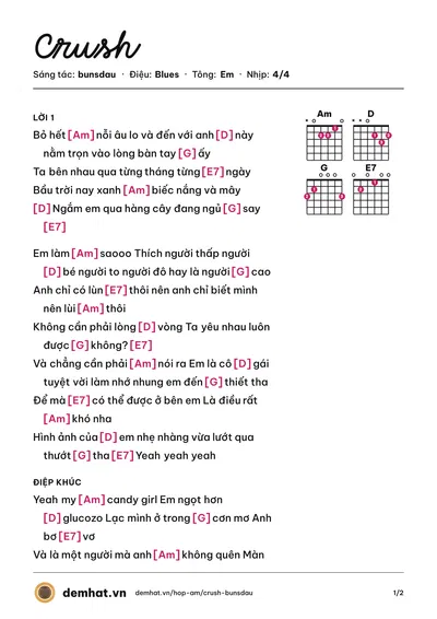Hợp âm Crush (bunsdau) – bản nhạc PDF trang 1, tông Em