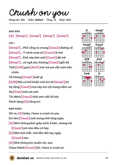 Hợp âm Crush on you (Xin) – bản nhạc PDF trang 1, tông G