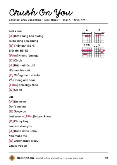 Hợp âm Crush On You (Khánh Tiến) – bản nhạc PDF trang 1, tông A