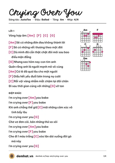 Hợp âm Crying Over You (JustaTee) – bản nhạc PDF trang 1, tông Am