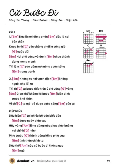 Hợp âm Cứ Bước Đi (TLong) – bản nhạc PDF trang 1, tông Em