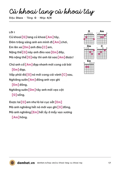 Hợp âm Củ khoai lang củ khoai tây (Quân Keyboard) – bản nhạc PDF trang 1, tông G