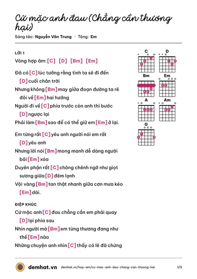 Hợp âm Cứ mặc anh đau (Chẳng cần thương hại) (Gia Huy) – bản nhạc PDF trang 1, tông Em