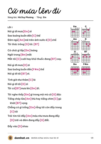 Hợp âm Cứ mưa lên đi (Thụy Long) – bản nhạc PDF trang 1, tông Em