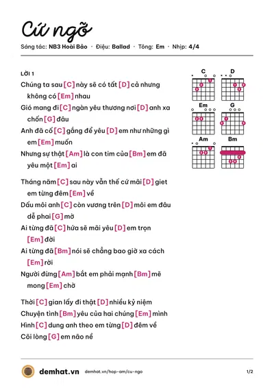 Hợp âm Cứ ngỡ (NB3 Hoài Bảo) – bản nhạc PDF trang 1, tông Em
