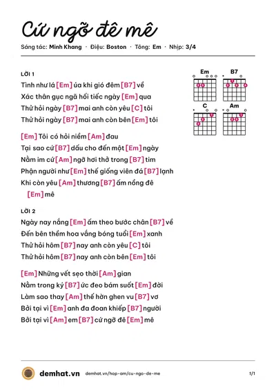 Hợp âm Cứ ngỡ đê mê (Minh Khang) – bản nhạc PDF trang 1, tông Em