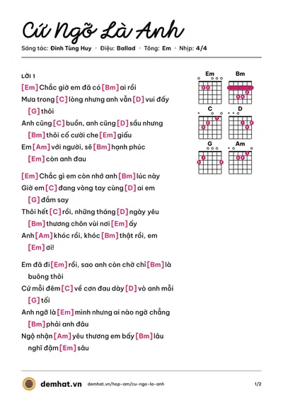 Hợp âm Cứ Ngỡ Là Anh (Đinh Tùng Huy) – bản nhạc PDF trang 1, tông Em