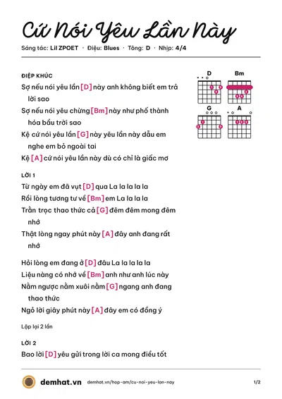 Hợp âm Cứ Nói Yêu Lần Này (Lil ZPOET) – bản nhạc PDF trang 1, tông D