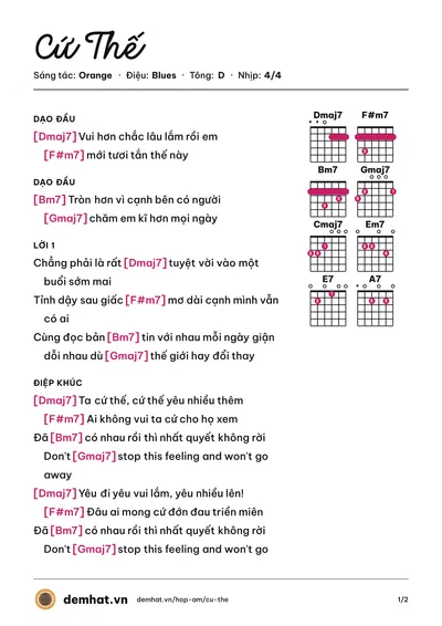 Hợp âm Cứ Thế (Orange) – bản nhạc PDF trang 1, tông D