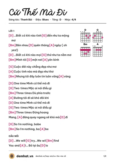Hợp âm Cứ Thế Mà Đi (O-plus) – bản nhạc PDF trang 1, tông D