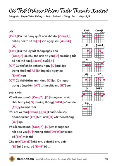 Hợp âm Cứ Thế (Nhạc Phim Tuổi Thanh Xuân) (Hà Anh Tuấn) – bản nhạc PDF trang 1, tông Em