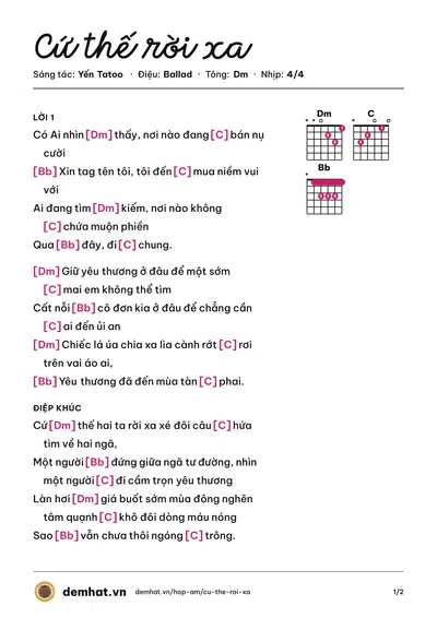 Hợp âm Cứ thế rời xa (Yến Tatoo) – bản nhạc PDF trang 1, tông Dm