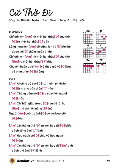 Hợp âm Cứ Thở Đi (Đức Phúc) – bản nhạc PDF trang 1, tông G