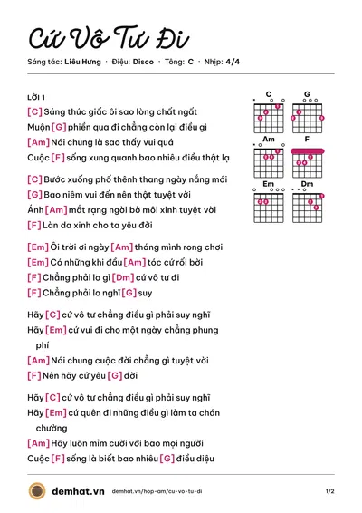 Hợp âm Cứ Vô Tư Đi (Hương Giang) – bản nhạc PDF trang 1, tông C