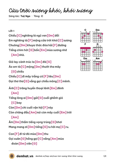 Hợp âm Cửa trời sương khói, khói sương (Ngọc Quy) – bản nhạc PDF trang 1, tông C