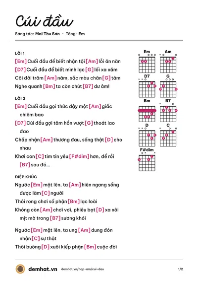 Hợp âm Cúi đầu (Diên An) – bản nhạc PDF trang 1, tông Em