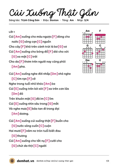 Hợp âm Cúi Xuống Thật Gần (Khánh Ly) – bản nhạc PDF trang 1, tông Am