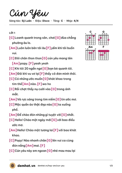 Hợp âm Cún Yêu (Lương Bích Hữu) – bản nhạc PDF trang 1, tông C