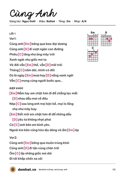 Hợp âm Cùng Anh (Ngọc Dolil) – bản nhạc PDF trang 1, tông Em