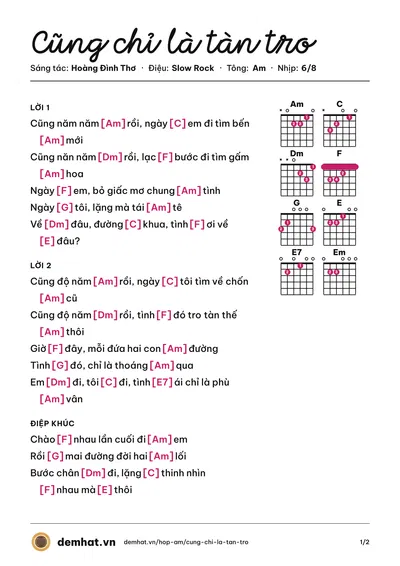 Hợp âm Cũng chỉ là tàn tro (Hoàng Đình Thơ) – bản nhạc PDF trang 1, tông Am