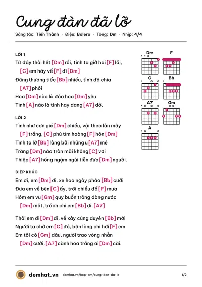 Hợp âm Cung đàn đã lỡ (Tiểu Thúy) – bản nhạc PDF trang 1, tông Dm