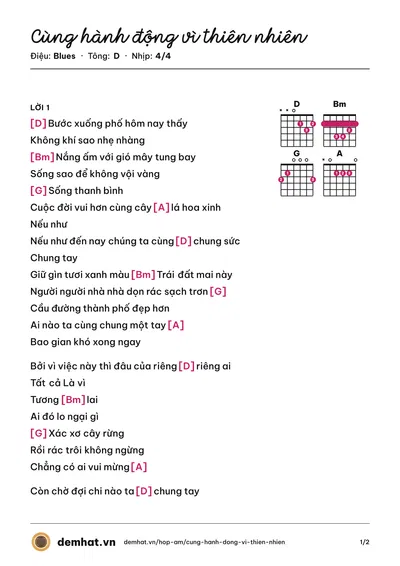 Hợp âm Cùng hành động vì thiên nhiên (Quân A.P) – bản nhạc PDF trang 1, tông D