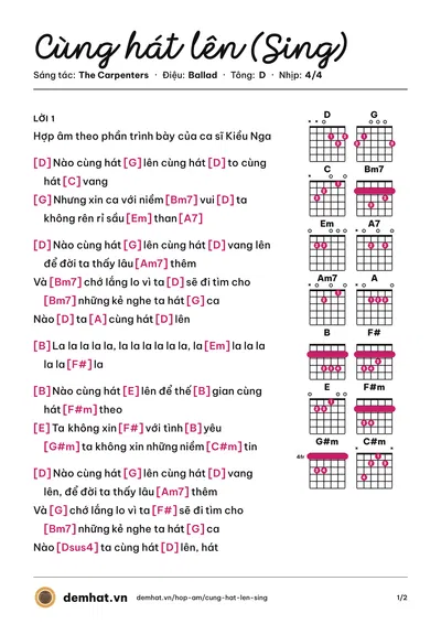 Hợp âm Cùng hát lên (Sing) (The Carpenters) – bản nhạc PDF trang 1, tông D